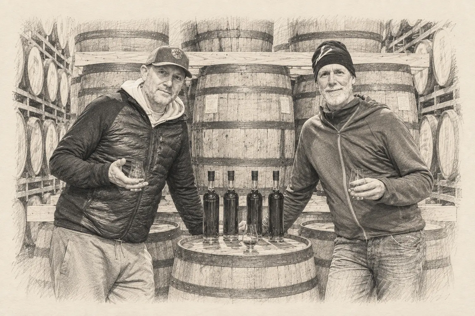 Pencil illustration of Linus Jonsson and Björn Jönsson among whiskey barrels