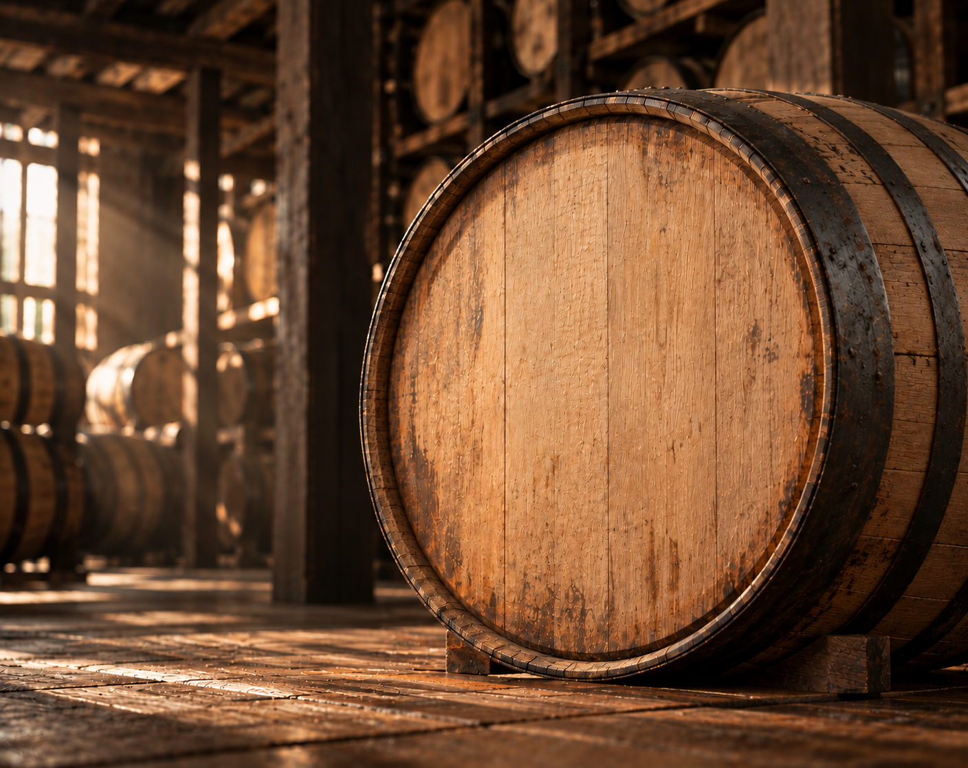 Hemblin & Friends oak barrel in a rickhouse