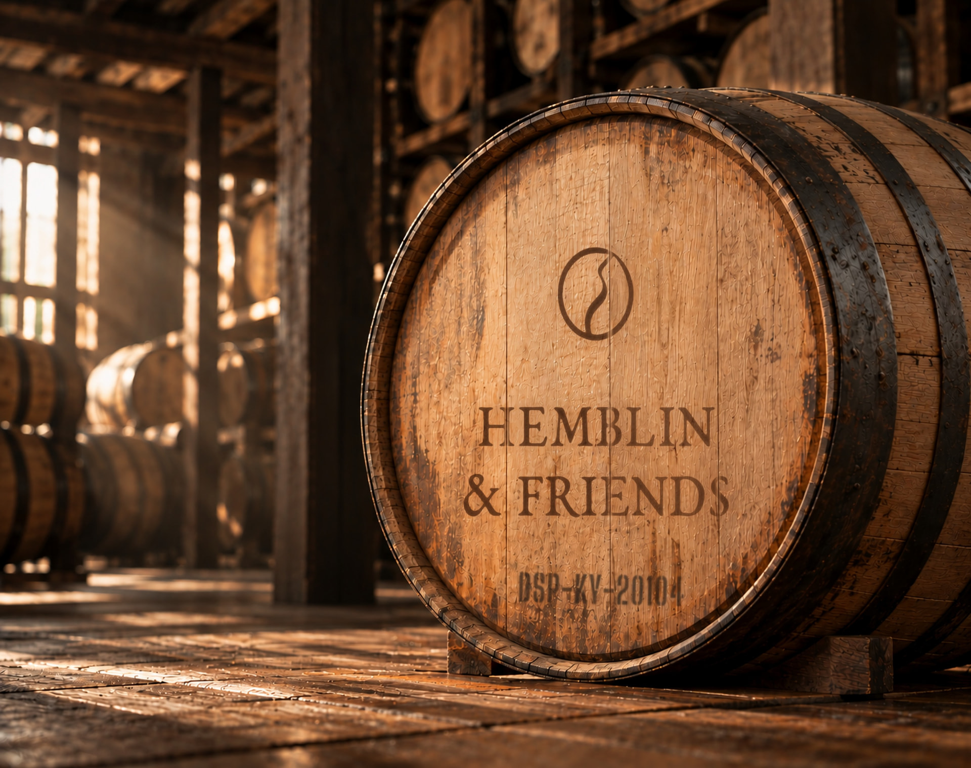 The head of a Hemblin & Friends oak barrel bearing the brand mark, resting in a rickhouse