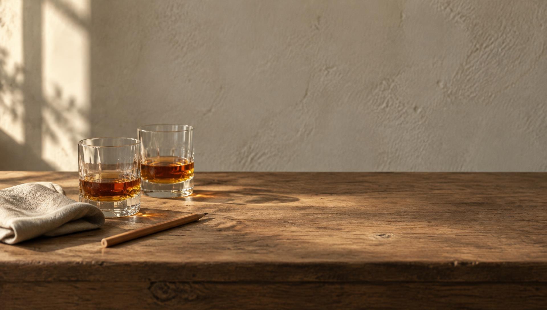 Two tumblers of bourbon on a worn oak table in late daylight