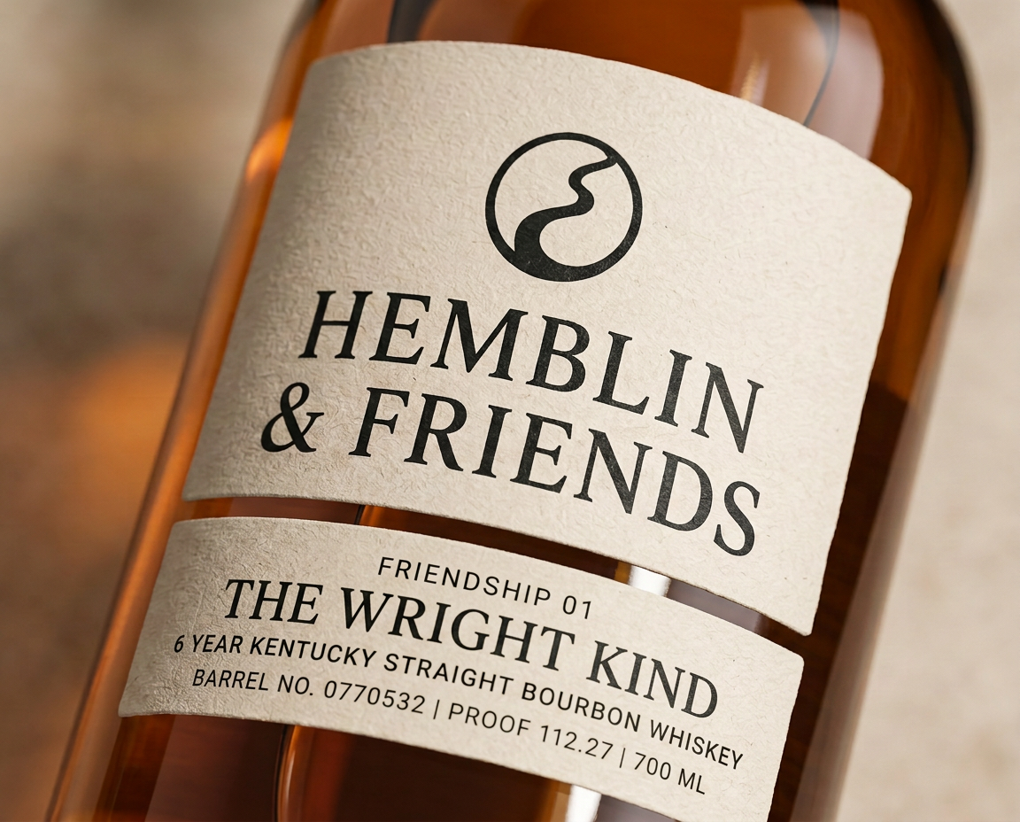 Close detail of amber whiskey, glass and paper label